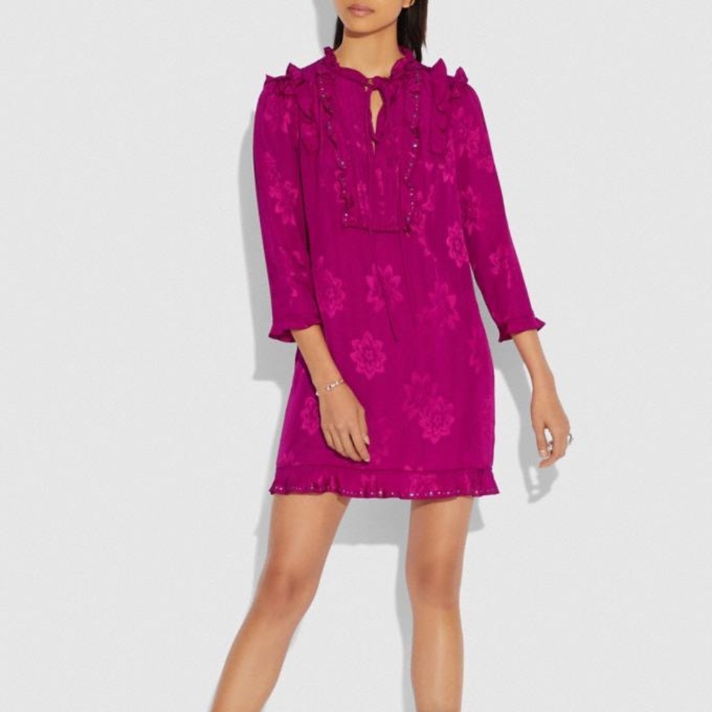 NWT Coach Fuchsia Jacquard Ruffle Dress Size 2 Women